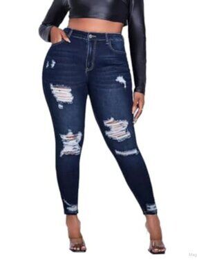 Plus Size High Waisted Ankle Skinny Jeans Ripped Stretchy